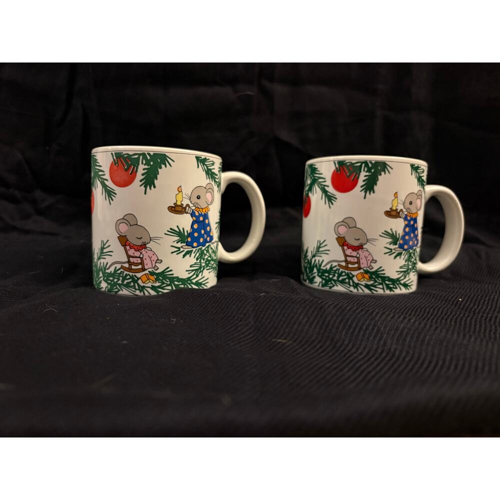 Vintage Jebba Christmas Mouse & Tree 2 Mugs Made in Japan Cottagecore Nostalgic